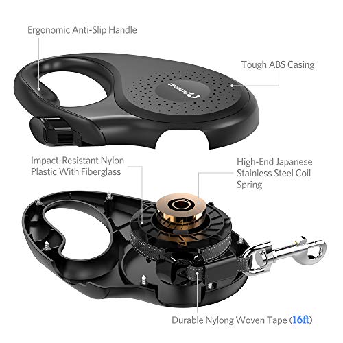 Peteast Retractable Dog Leash, 360° Tangle-Free, Heavy Dutyup to 55Lbs Pets, 16' Strong Reflective Nylon Tape with Waste Bag Dispenser, One-Handed Brake/Pause/Lock, Black, Medium