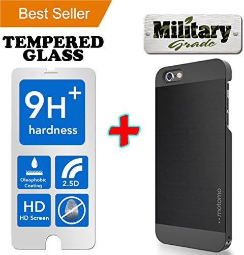 LIMITED STOCK SALE Iphone 6 Plus &amp; 6S Plus [5.5] PREMIUM Pack Aluminum Case + Tempered Glass Screen Protector Brushed Alloy Impact Absorbent Shock Black INO Metal PVC Skin Cover Motomo