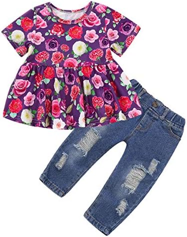 Toddler Baby Girls Clothes 2Pcs Flower Ruffle T-Shirt+ Ripped Jeans Denim Pants Outfits Sets