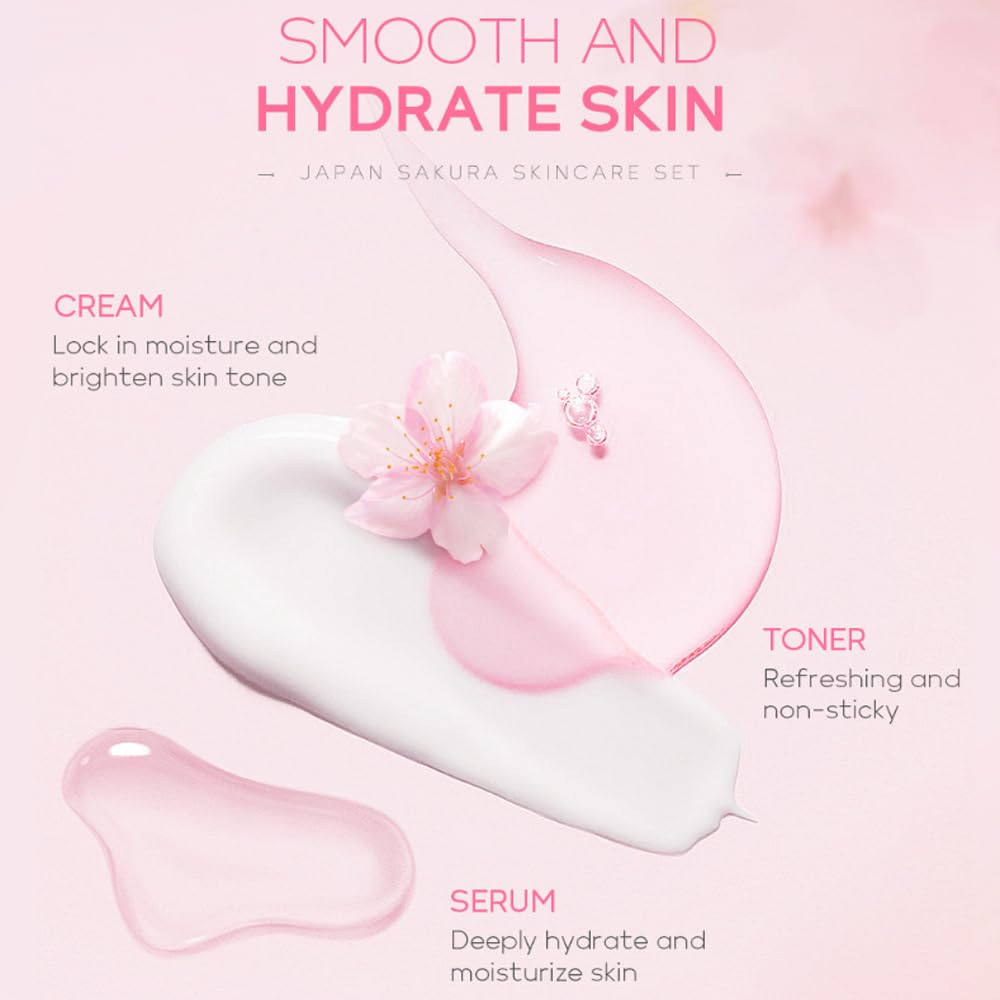 Sakura Skincare Kit for Teenage Girls Women, 5Pcs Skin Care Travel Present Set with Cleanser, Toner, Serum, Eye Cream, Face Cream