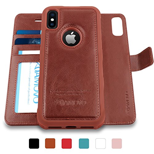 AMOVO iPhone X Case [2 in 1], iPhone X Wallet Case [Detachable Folio] iPhone X Leather Case [Premium Vegan Leather] Flip Case Cover for iPhone X with Gift Box Package (Brown)