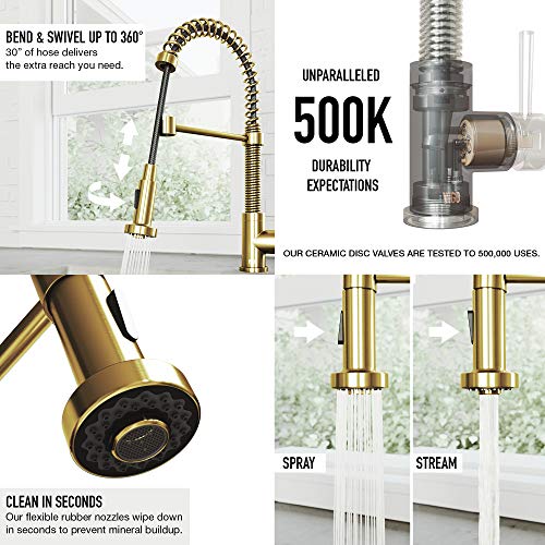 VIGO Commercial Single Hole Lead-Free Single Handle Dual Action Solid Brass Kitchen Sink Edison Smart Faucet, Kitchen Faucets With Pull Down Sprayer and Soap/Lotion Dispenser in Matte Brushed Gold