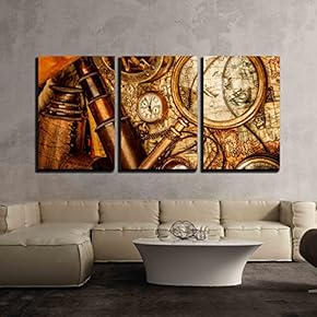 3 Piece Canvas Wall Art - Vintage Grunge Still Life. Vintage Items on Ancient Map in 1565. - Modern Home Art Stretched and Framed Ready to Hang - 16"x24"x3 Panels