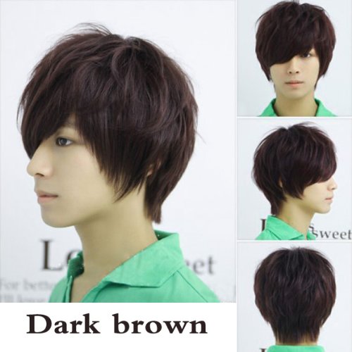 Vktech Fashion Man Neutral Short Straight Wig Cosplay Full Wig Dark Brown