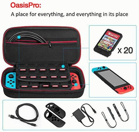 OasisPro Nintendo Switch Travel Carrying Case,Protective Storage bag Hard Travel Case with 20 Game Cartridges, Black/Red