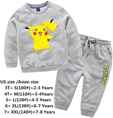Pokemon Pikachu Kids Boys Clothing Sets T-shirts Pullover hoodie Pants Set (M(110#),Gery)