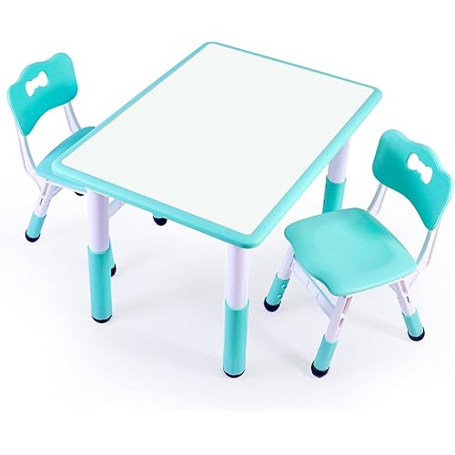 Children's Study Table and Chair Set (with 2 Seats), Height-Adjustable Children's Plastic Art Desk, Maximum Load-Bearing 330lb Non-Slip Table Legs Multifunctional Children's Furniture