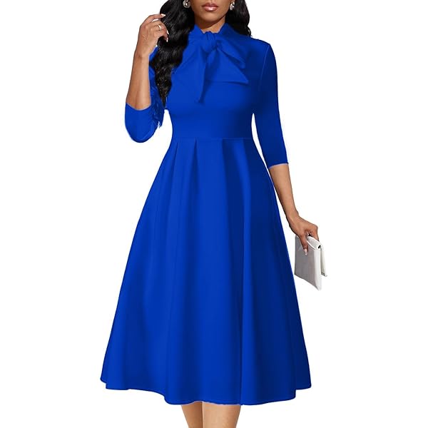 AOMONI Church Dresses for Women 3/4 Sleeve Fit and Flare Semi-Formal Dress  Knee Length Midi Dresses Royal Blue M at Amazon Women's Clothing store