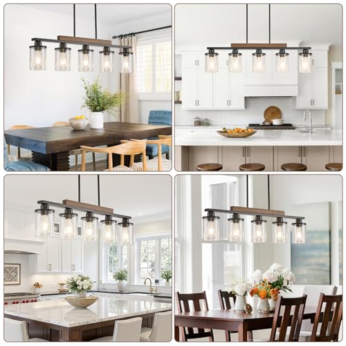 Feohak 5-Light Dining Room Light Fixture,Farmhouse Black Metal and Wood Kitchen Island Light with Glass Shade