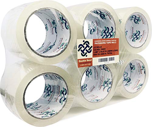 Thick (2.6 Mil) Double Bond Commercial Grade Packing Tape, 1.88"x 54.6 Yds (48mm x 50m) Clear (R612), 12 Rolls
