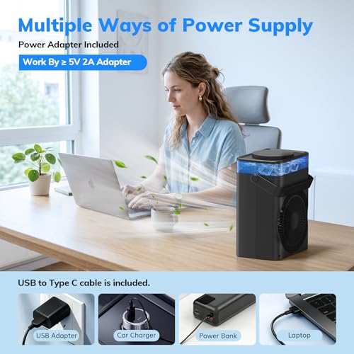 Portable Air Conditioner, Mini Air Conditioner Portable Cooling Fan with Remote Control, 3 Wind Speed & 3 Mist Level & 2-8H Timer Evaporative Air Cooler for Home Office Room, Black