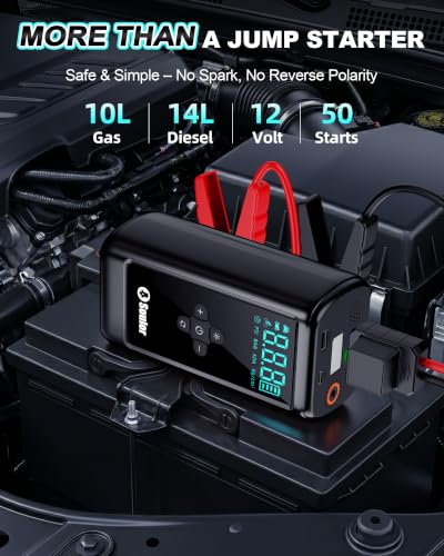 Car Battery Booster Jump Starter, 6000A Jump Starter with Air Compressor, Booster Pack with 160PSI Portable Tire Inflator (All Gas/14.0L Diesel), LED Light, EVA Case