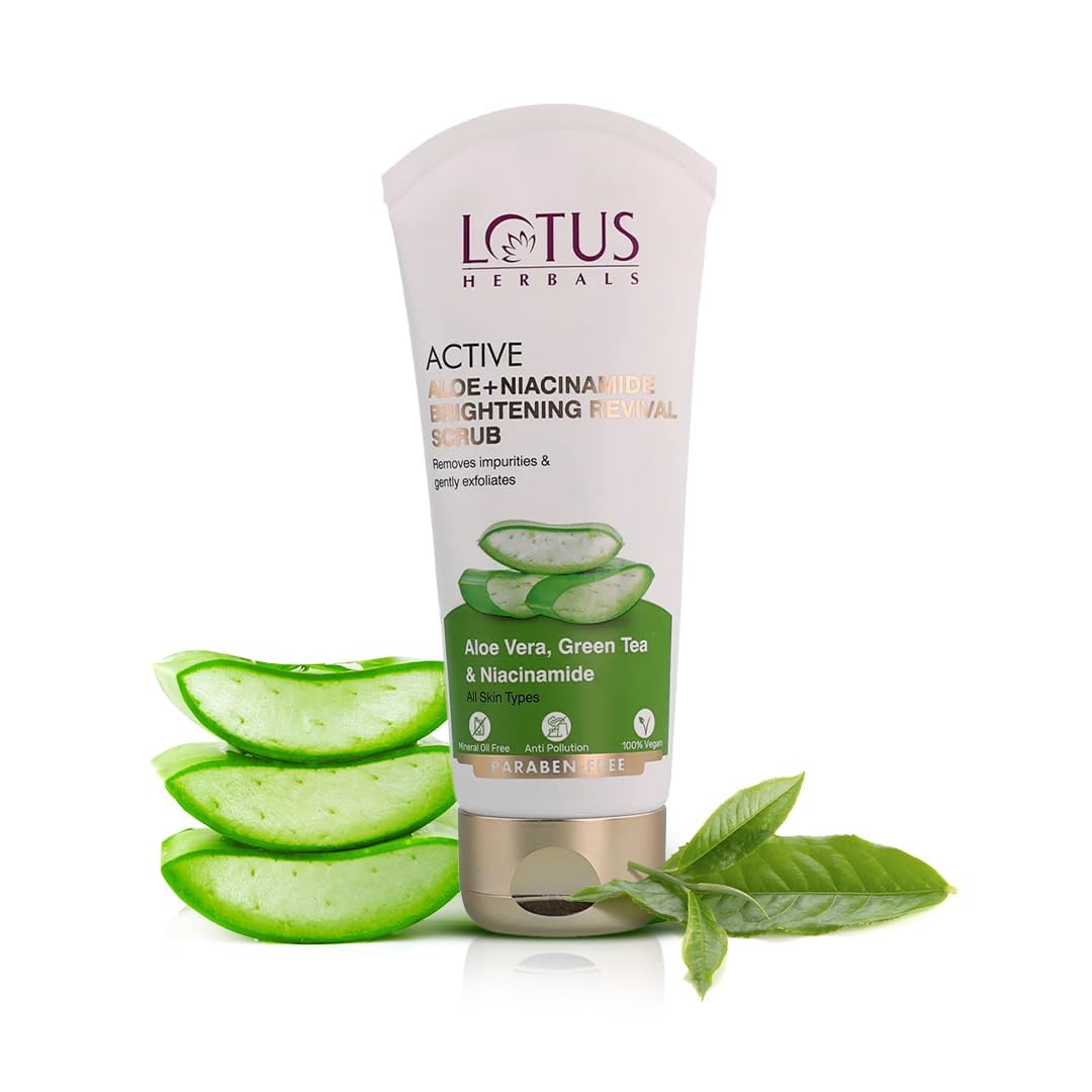 Lotus Herbals Active Aloe + Niacinamide Brightening Revival Scrub for Removes Impurities & Exfoliates | Praben Free | All Skin Types 100g