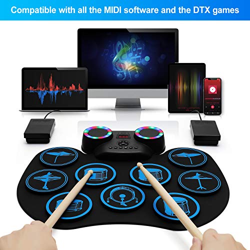 Electronic Drum Pad Multicolor LED Digital Display Hand Roll-Up Drum Kit 9 Silicon Durm Pad Built-In Stereo Speaker Bluetooth, MIDI, for Kids Beginners - Uverbon