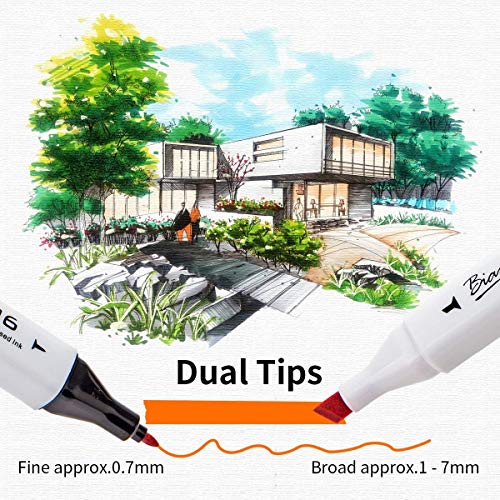 Bianyo Dual Tip Art Marker Pens Set- Fine and Chisel Nibs, 24 Colors Artist Permanent Coloring Highlighters Markers
