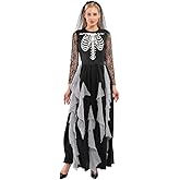 EraSpooky Women Skeleton Zombie Bride Costumes Halloween Cosplay Fancy Party Dress with Hair Band