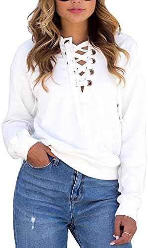 FUDITAI Women's Sexy Lace up Front Solid Pullover Hoodies(White)XXL