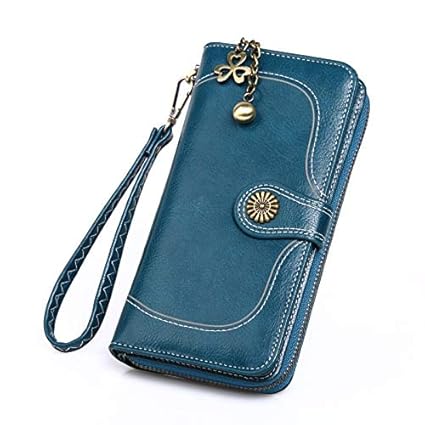 SKUDGEAR Womens Retro Large Capacity Bi-Fold Clutch Wallet Wax Leather Zipper Wallet (Greenish Blue)