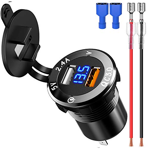 ShinePick Upgraded Aluminum Alloy Quick Charge 3.0 USB Charger Socket & 2.4A USB Port IP66 Waterproof Dual USB Power Outlet with Voltmeter for Car Boat Marine Rv Motorcycle(Blue)