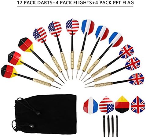 12 Pack Steel Tip Darts 0.6 oz Darts Set 4 Styles National Flight Flag with Aluminum Shafts and Brass Barrels,an Extra Cloth Bag