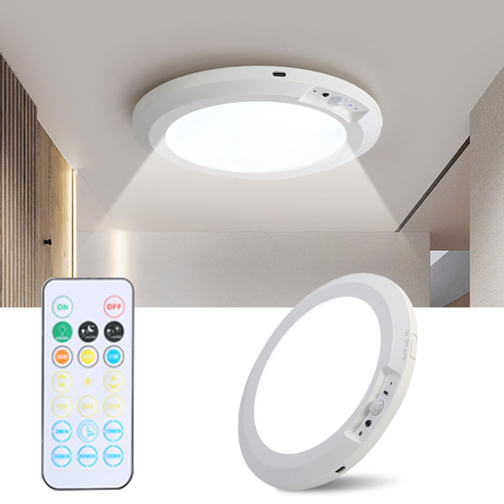 Photo 1 of Rechargeable Motion Sensor Ceiling Light, Battery Operated Wireless Ceiling Closet Light with Remote 3 Color Temperatures Magnetic Mount LED Shower Light for Bathroom Stairs Garage Hallway (1 Pack)