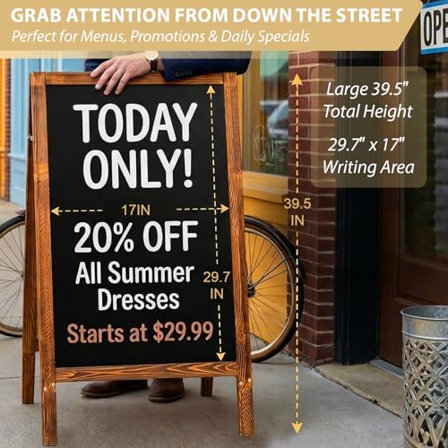 Double-Sided A-Frame Chalkboard Sign 40x20, Magnetic Sidewalk Sign with Solid Pine Wood Frame, Large Chalkboard Easel Menu Board for Restaurants, Cafes, Weddings & Outdoor Display with Accessories