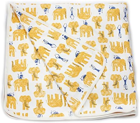 Viverano Organic Cotton Soft Reversible Baby Blanket. Natural Receiving Blankets (Yellow Elephants &amp; Monkeys)