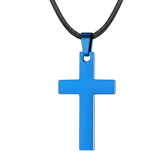 FaithHeart Leder Halskette mit Edelstahl Kreuz Anhänger Kreuzanhänger 5 Farbe Silber/18K /Schwarz/Blau/Roségold, Lederkette L