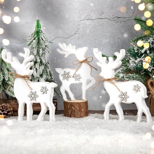 3Pcs Cute Christmas Tiered Tray Decor Indoor, Wooden Farmhouse Reindeer Christmas Tabletop Decorations Xmas Centerpiece, Rustic Reindeer Sign Standing Elk Decor for Home Shelf (White)