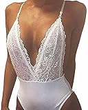 StyleDome Women Bodysuits Lace Backless Plunge V Neck Strap Halter Bodycon Babydoll
