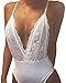 StyleDome Women Lace Strap Halter Plunge V Neck Bodysuit Bodycon Stretch Babydoll Leotard