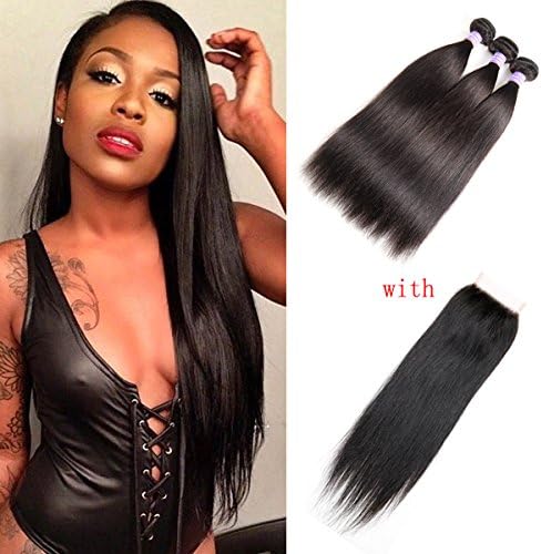 AMZTMY 7A Brazilian Straight Hair 3 Bundles With Closure 100% Unprocessed Virgin Hair Extensions Human Hair Weft Weave With Free Part Lace Closure Natural Color (14 16 18+12 inch)