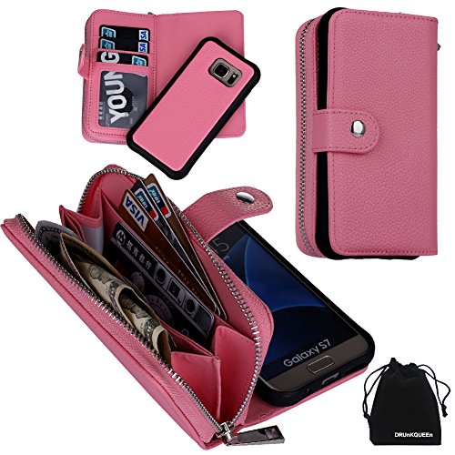 DRUnKQUEEn S7 Case, Zipper Wallet Type Flip Folio Case Premium Leather Credit Card Holder Feature - Detachable Magnetic Back Cover with Lanyard Wrist Hand Strap for G930 Samsung Galaxy S7 - Pink