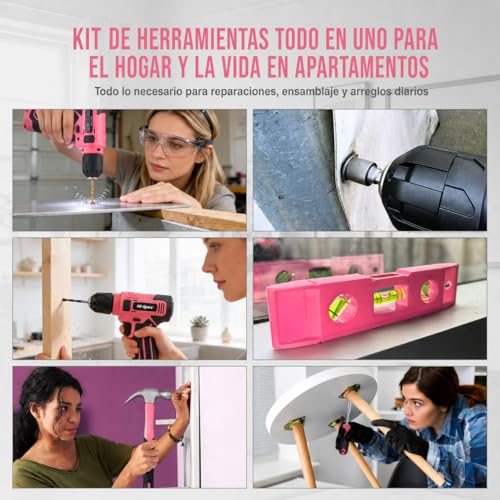 Hi-Spec Cordless Drill Driver Kit 8V and Tools - Complete Rechargeable Set with Basic Tools, Compact Case, Pink, Ideal for Home DIY