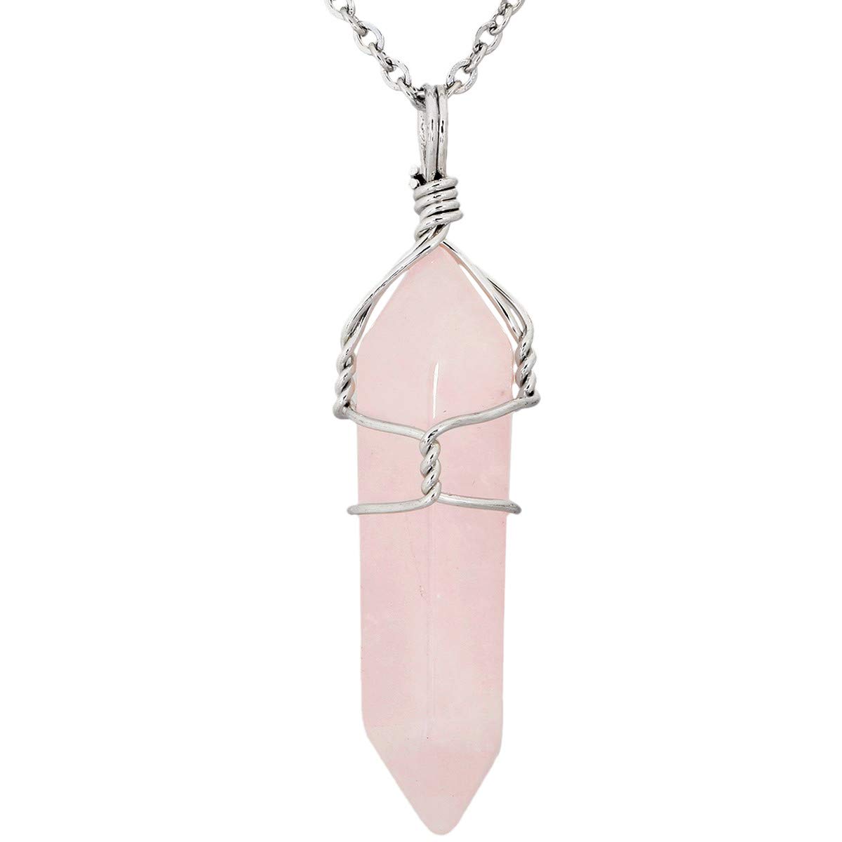 KYEYGWO Pack of 2 Crystal Points Stone Pendants Necklace for Women and Men, Rose Quartz Crystals Pendants with Chain 19"
