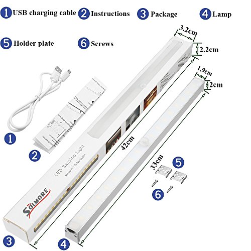 Closet Light, SOLMORE Wireless Under Cabinet Lights, Motion Sensor 32LED Night Light Bar USB Rechargeable Safe Lights Dual Colors White and Warm White for Wardrobe Stairway Hallway Emergency Garage - Thumbnail 7