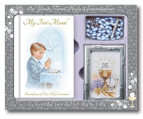 Boy First Holy Communion Missal, Prayer Card/Book Mark, Photo Frame and Blue Rosary Beads for him on his Commitment to The Catholic Religious Faith