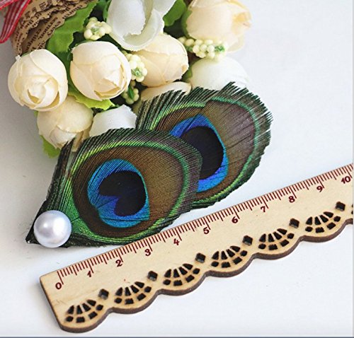 RUNHENG Handmade Feather Peacock Hair clip, Natural Feather Fascinator Barrette with White Pearl