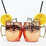 MangGou Moscow Mule Copper Mugs 18 oz - set of 2 - Drinking Beer Mugs,100% Handcrafted Prue Solid Copper Mugs with Brass Handle,Mug Gift Set