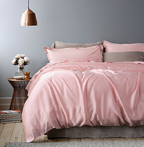 Rose Gold Duvet Cover Luxury Bedding Set High Thread Count Egyptian Cotton Sateen Silky Soft Blush Pale Pink Solid Colored (Queen, Blush Pink)