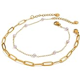 Double Layered Pearl Ankle Bracelet for Women – Gold Chain Anklet with Pearls Beads, Adjustable Dainty Beach Jewelry, Summer Foot Accessory