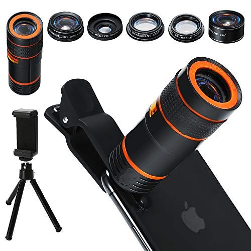 Cell Phone Camera Lens Kit,6 in 1 Universal 12x Zoom Telephoto Lens+0.62x Wide Angle &20x Macro Lenses+235° Fisheye Lens +Starburst Lens +CPL + Phone Holder + Tripod for iPhone X/8/7/6/6s plus Samsung Android & Most Smartphone