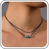 Yheakne Boho Layered Leather Choker Necklace Tiny Turquoise Bead Necklace Black Leather Rope Necklace Suede Cord Turquoise Necklace Jewelry for Women