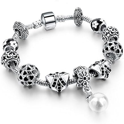 Dandonri Tibetan Silver Black Crystal Charm Beads Bracelet Bangle