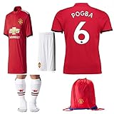 Kid / Youth Manchester United FC 2017 2018 17 18 REPLICA Paul Pogba Romel Lukaku Home & Away Soccer Team Jersey, Short, Socks + Soccer Bag (Paul Pogba Home, Size 28 (11-13 Years Old))