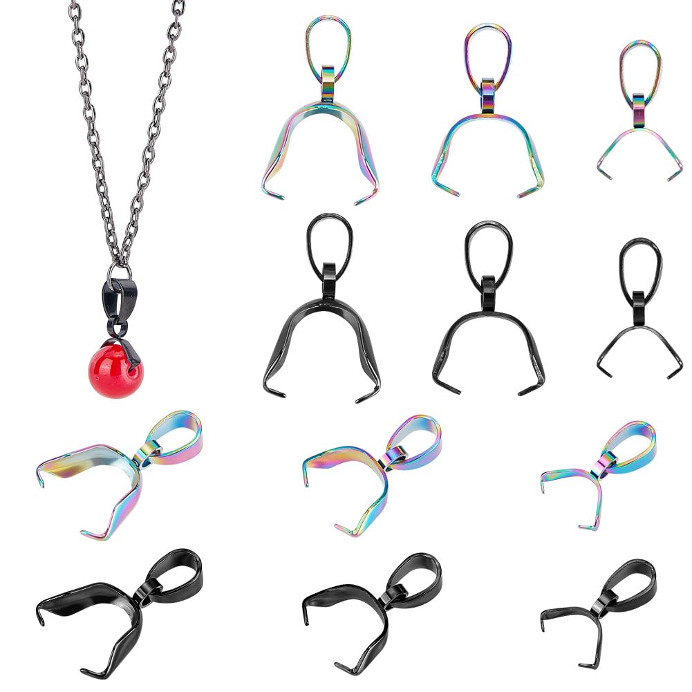 PH PandaHall Pendant Pinch Bail Clip, 48pcs 3 Sizes Pendant Connector Clasps 14 16 19mm Clasp Clips 304 Stainless Steel Ice Pick Pinch Bails for Necklaces Jewellery DIY Crafts Making, Black/Rainbow
