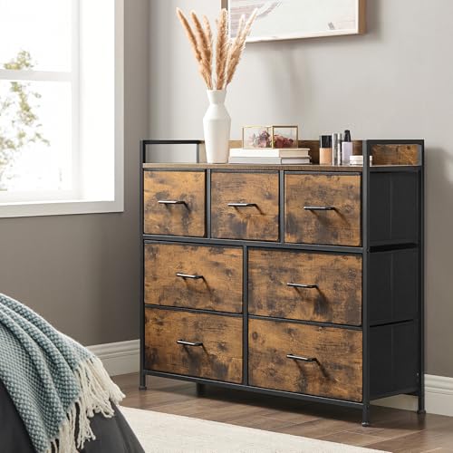 SONGMICS BELLAH Collection - Armoire, Meuble de Rangement, 5 Tiroirs en Tissu avec Poignees, Cadre en Metal, Style Moderne, Marron Rustique et Noir dEncre LTS137BH01