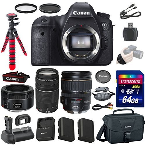 Canon EOS 6D 20.2 MP Full-Frame CMOS Digital SLR Camera with Canon EF 28-135mm IS USM Lens, Canon EF 50mm STM Lens, Canon EF 75-300mm Lens and Transcend 64GB Memory Card