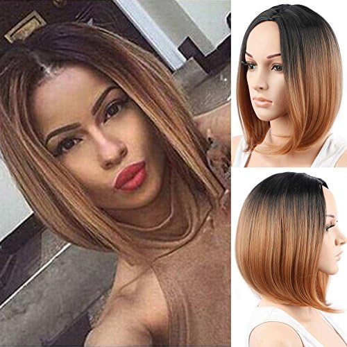 Chanecci Short Straight Black and Brown Ombre Bob Wig Synthetic Hair None Lace Full Wigs for Black Women + Gifts