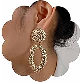 Iaceble Boho Hammered Oval Dangle Earrings Thick Gold Disc Stud Earrings Hollow Oval Circle Drop Earrings Large Disc Coin Earrings Exaggerated Statement Earrings Jewelry for Women